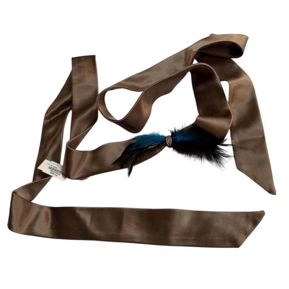 NWT J Crew Cocoa Brown Silk Sash Belt With Feather Rhinestone Embellishment 68"